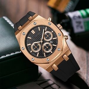 Luxury rose gold gold black face watch black rubber band